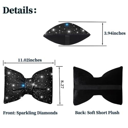 Car Headrest Pillow Bowknot Neck Support Pillow for Driver with Bow Tie Bling Diamond Head Neck Support Rhinestone Accessories for Girls and Women Black 2Pcs