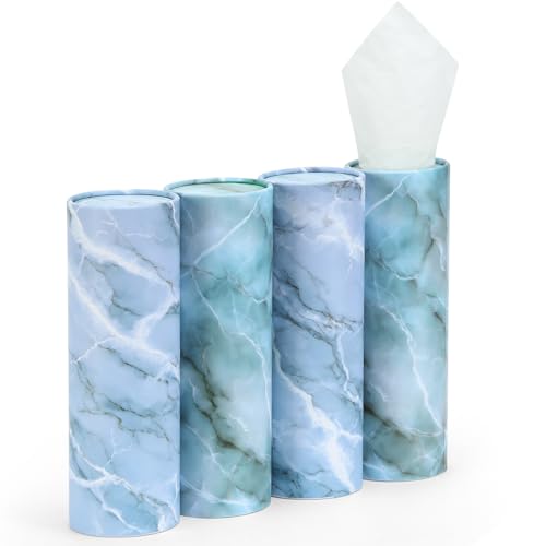 Car Tissue Holder (4 PK) - 50 3-Ply Tissues Cylinder, Fits Car Cup Holders, Portable Travel Tubes Box Container, Marble Design, Round Tissue Container for Car Accessories - style: Marble