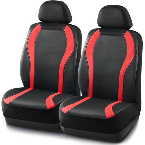 PIC AUTO Leather Car Seat Covers, Premium Automotive Waterproof Two Front Bucket Seat Protectors, Black and Red PVC Patchwork, Fits Cars, Trucks, Vans, SUVs, Airbag Compatible