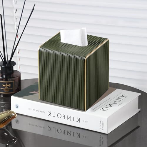 PU Leather Tissue Box Cover Square Tissue Box Holder with Magnetic Closure (Green Fluted) - color: Green Fluted