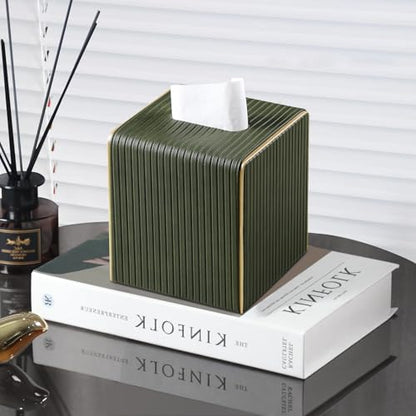 PU Leather Tissue Box Cover Square Tissue Box Holder with Magnetic Closure (Green Fluted) - color: Green Fluted