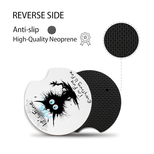 2 Pack Car Cup Holders,Universal Auto Anti Slip Insert Coaster, Rubber Car Coasters with A Finger Notch, Cute Car Assecories for Women Men (I'm Fine Cat)