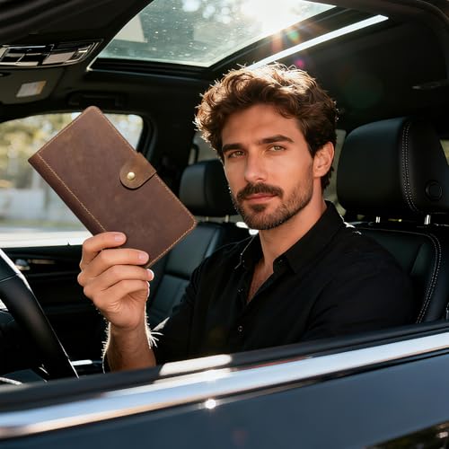 CoBak Genuine Leather Car Registration and Insurance Holder–Luxury Vehicle Glove Box Organizer, Premium Auto Document Case with Magnetic Closure for License, Cards & Papers，Brown - color: L-Genuine leather brown