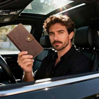 CoBak Genuine Leather Car Registration and Insurance Holder–Luxury Vehicle Glove Box Organizer, Premium Auto Document Case with Magnetic Closure for License, Cards & Papers，Brown - color: L-Genuine leather brown