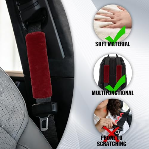 2PCS Car Seat Belt Cover Pads, Fluffy Car Seatbelt Covers, Soft & Comfortable Plush Seat Belt Cushion Protects Shoulder, Auto Safety Belt Strap Cover to Protect Your Neck (Wine Red) - color: Wine Red