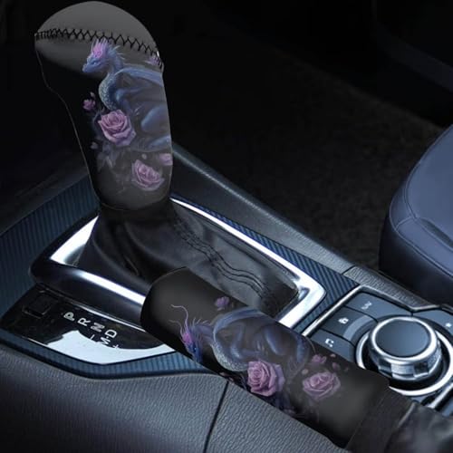 Dragon Rose Pattern 2 Pcs Car Handbrake Cover Set with Gear Shift Cover, Washable Auto Handbrake Grip Cover Stretchy Car Accessories Universal Fit for SUV Sedan Van - color: Dragon Rose