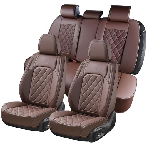 Coverado Car Seat Covers Full Set, Luxury Faux Leather Waterproof Seat Cover, Front and Back Car Seat Protector, Universal 5 Seat Leather Seat Cushion, Carseat Cover Fit Most Cars, Coffee - color: A-Coffee, size: Full Set