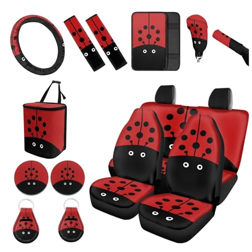 Forchrinse Cartoon Ladybug Car Seat Covers Full Set,15Pack Ladybug Auto Accessories Set-Front Back Seat Cover Steering Wheel Cover Seatbelt Pads Handbrake Gearshift Cover Garbage Can - color: Cartoon Ladybug