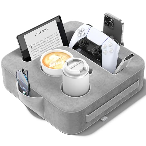 Couch Cup Holder Pillow, Sofa and Bed Caddy for iPad, Kindle, Switch, Game Controller, Remotes, Phones, Small-Sized Cup & Drink Holder for Couch, Bed, Desk, Car, Beach, Bathroom Cup Holder - color: Ash Gray, size: Small