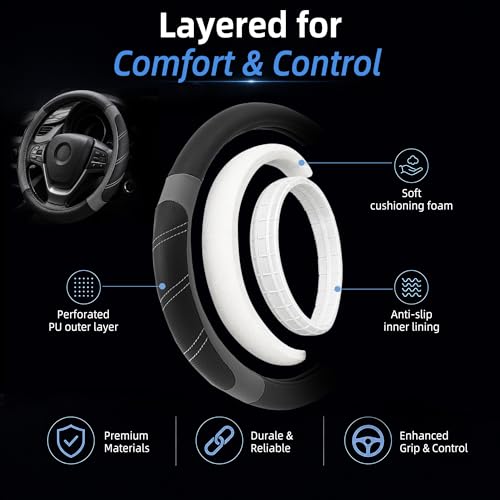 Elantrip Leather Large Steering Wheel Cover 14 1/2 inch to 15 inch Universal, Soft Grip Breathable for Car Truck SUV Jeep Anti Slip Gray - color: Gray, size: 14 1/2 - 15 Inch