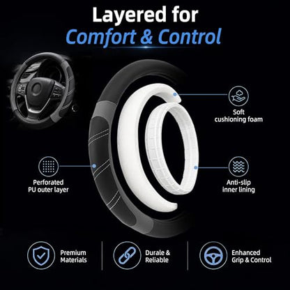 Elantrip Leather Large Steering Wheel Cover 14 1/2 inch to 15 inch Universal, Soft Grip Breathable for Car Truck SUV Jeep Anti Slip Gray - color: Gray, size: 14 1/2 - 15 Inch