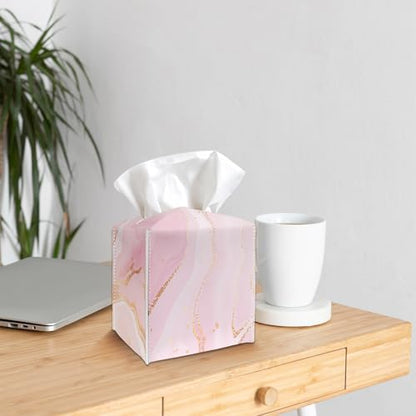 Tissue Box Cover Holder - Pink Gold Marble PU Leather Tissue Box Cover with Bottom Belt, Stylish Square Facial Paper Dispenser for Tabletop, Bathroom, Kitchen, Car & Office -036 - color: Pink Gold Marble