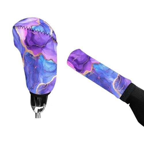 2 Pcs Marble Print Car Handbrake Cover Gear Shift Knob Cover, Universal Fit Anti Skid Universal Car Accessories for Truck SUV Sedan Van - color: Marble - Purple and Blue
