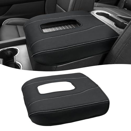 Center Console Armrest Cover for Chevy Silverado 1500 Accessories & GMC Sierra 2019-2026, Yukon & Tahoe & Suburban 2021-2026, Bucket Seat, Comfort Arm Rest Cushion Pad, Black-Gray Stitch - color: Black gray