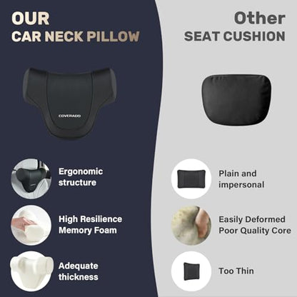 Coverado Car Headrest Pillow, Ergonomic Memory Foam Car Neck Pillow for Driving Seat with Adjustable Strap, Soft PU Leather Breathable Removable Cover Neck Support for Neck Pain Relief - Black