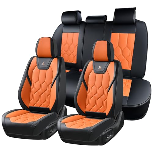 Huidasource Seat Covers Full Set, Universal Fit for Most Cars SUV Trucks, Full Coverage Leather Seat Cover, Airbag, Cupholder Compatible, Seat Function Retain, Easy Install with Velcro, Black&Orange - color: FS: Black&Orange, size: Full Set