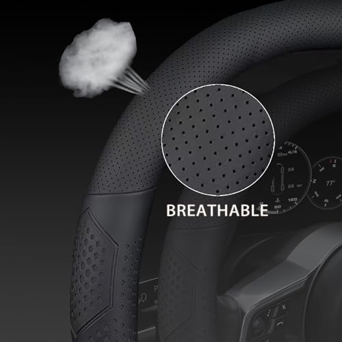 Leather Steering Wheel Cover for Dodge Ram 1500 2500 3500, 15.5-16 inches Car Steering Wheel Cover with Non-Slip Breathable (Black) - color: Black-2