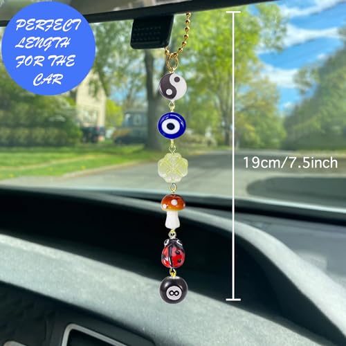Evil Eye Car Hanging Ornament,Good Lucky Days Car Charm,8 Ball Mushroom Four-Leaf Clover Pendant for Car Rear View Mirror,Cute Boho Evil Eye Ladybug Yin Yang Symbol Decor Accessories