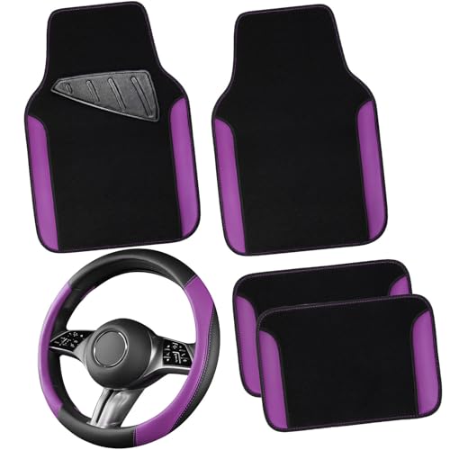CAR PASS Faux Leather Steering Wheel Cover and Waterproof Car Floor Mats,Universal Car Combo Fit for 95% Sedan,SUV,Cars,14.5-15inch Sporty Anti-Slip Safety Comfortable Design(Black＆Purple) - color: Purple
