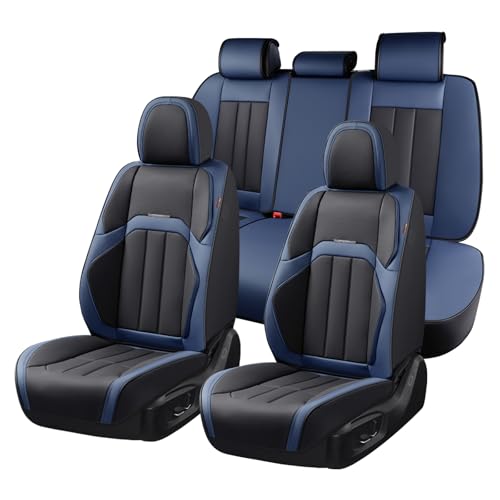 Coverado Nappa Leather Car Seat Covers Full Set, Luxury Waterproof Seat Protectors, Airbag Compatible Anti‑Slip Auto Seat Covers, Universal Fit for Most Cars SUVs Trucks Pickup Vehicles - color: BlackBlue, size: FullSet