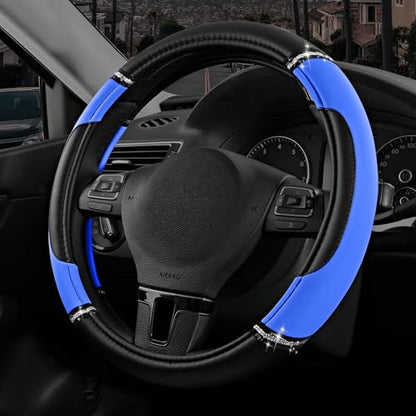 Road Comforts Leather Steering Wheel Cover - Made with PVC Leather - Anti-Slip, Universal Fit 14 1/2 inches to 15 inches - Blue - color: Blue