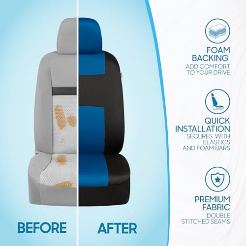 BDK PolyPro Blue Car Seat Covers Full Set with 4-Piece Car Floor Mats - Two-Tone Seat Covers for Cars with Carpet, Interior Covers for Auto Truck Van SUV