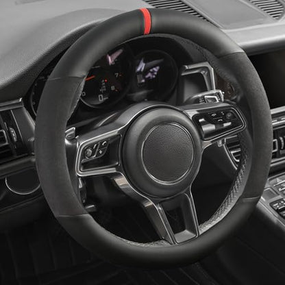 Suede Steering Wheel Cover with Upgraded Silicone Inner Ring, Anti Heat, Breathable, Anti-Slip, Leather Universal 14.5 to 15 inch Steering Wheel Cover (Partial Genuine Leather) - style: Partial Genuine Leather
