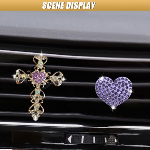2PCS Bling Cross & Heart Car Dashboard Air Vent Trim Clip, Sparkly Rhinestone Car Air Vent Clips, Diamond Auto Diffuser Charm Clip, Auto Interior Decoration Accessory for Women Girls (Purple) - size: Purple