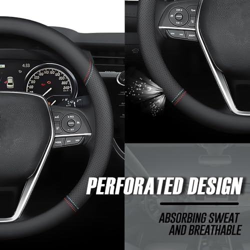 LKWLIKEI Nappa Premium Leather car Steering Wheel Cover, Non-Slip, Breathable, Universal 15 inches (red Blue line) - color: Black (red blue line)