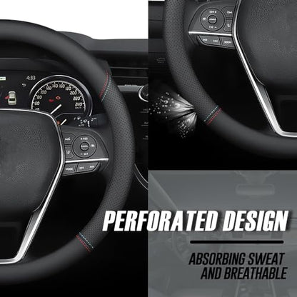 LKWLIKEI Nappa Premium Leather car Steering Wheel Cover, Non-Slip, Breathable, Universal 15 inches (red Blue line) - color: Black (red blue line)
