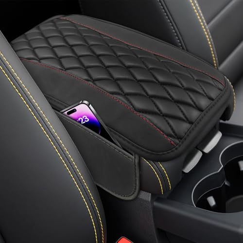 Car Center Console Cover, Anti-Slip Leather Car Armrest Decor Cushion with 2 Storage Bags, Double Color Auto Armrest Box Pad Cover, Universal Protective Cover for Cars Trucks SUV (Black Red) - color: Black Red