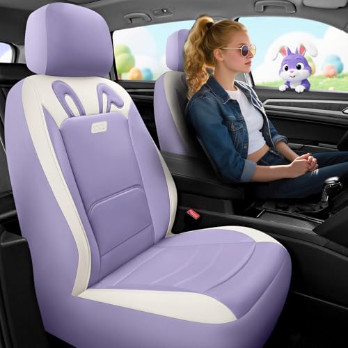 PIC AUTO Car Seat Covers, Cute Rabbit Premium Purple Leather Seat Covers, Universal Fit Front Seat Covers for Cars, Trucks, SUVs, Soft & Wear-Resistant Auto Interior Protection with Airbag-Compatible - color: Purple