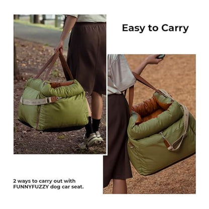 FUNNYFUZZY Luxury Dog Car Seat for Small Medium Dogs Under 35 lbs, Waterproof Leather Pet Booster Seat with Safety Leash & Anti-Slip Base, Fully Padded Dog Car Bed, Portable Puppy Carrier(Green)
