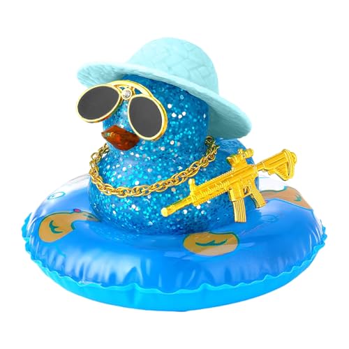 Blue Glittering Rubber Duck- Mini Dashboard Rubber Duck with Gold Chain, Sunglasses, Hat, Gun & Swim Ring for Car, Desk & Home Decor - color: Style4