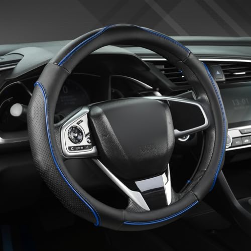 West Llama 3D Leather Steering Wheel Cover for Subaru, Premium Non-Slip Piping Design, Custom Fit for 14.5-15 inch, Stylish & Durable(Black+Blue Line-Standrad Size) - color: C-Black+Blue