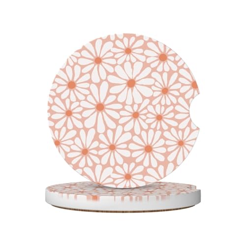 Orange and White Floral Car Coasters for Cup Holders,2 Pack Car Cup Holder Coasters for Car,Ceramic Absorbent Car Coaster with A Finger Notch and Cork Base,Car Interior Accessories for Women Men - color: Orange and White Floral