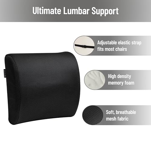 Mind Reader Lumbar Support Cushion with Air-Cloud Memory Foam, Ergonomic Lower Back Pillow for Office Chair and Car Seat, Black - color: Classic Black