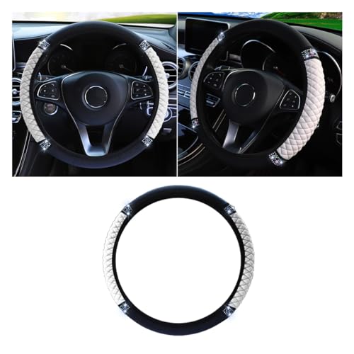 Bling Soft Leather Steering Wheel Cover, 15 Inch Colorful Rhinestones Auto Elastic Protector with Crystal Diamond for Women Girls, Car Accessories for Most Cars, SUVs (White) - color: White