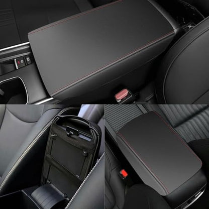 AOMSAZTO Armrest Covers Middle Console Covers for 2017-2022 Nissan Rogue Black with Red Stiches - color: Black with red stiches