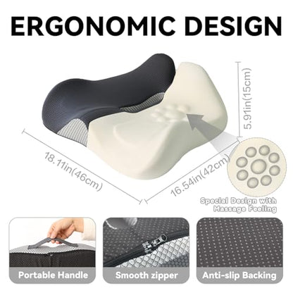 18x16 Inch Grey and Black Memory Foam Seat Cushion for Office Chair, Car Seat and Travel, Contoured Chair Pad with Removable Cover, Non-Slip Bottom and Carry Handle - color: Mesh