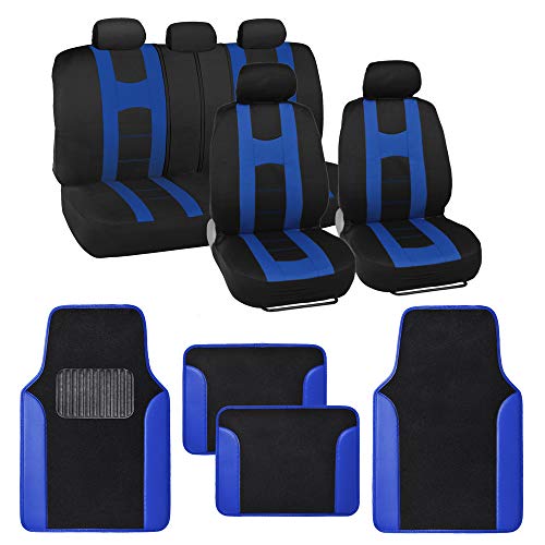 carXS Forza Series Blue Seat Covers Full Set Combo with Car Floor Mats – Front and Rear Bench Cover & Protector Set, Interior Covers for Auto Truck Van SUV - color: Blue