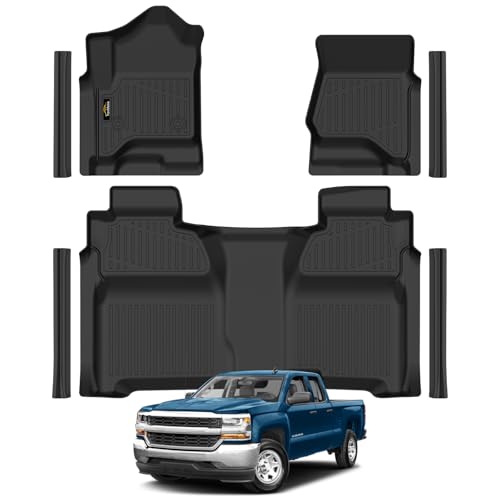 Floor Mats for 2014-2018 Chevy Silverado/GMC Sierra 1500 Crew Cab & 2015-2019 Silverado/Sierra 2500 HD/3500 HD Crew Cab,All Weather TPE Floor Liners Custom Fit for Chevy Silverado Full Set Car Mats - size: for 2014-2018 Chevy Silverado Floor Mats