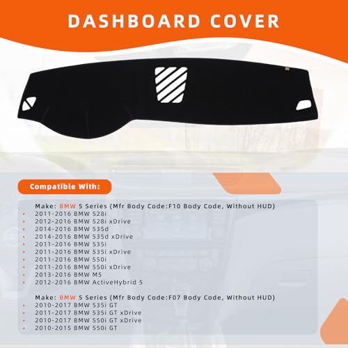Dashboard Cover Dash Mat Fit for 2016-2011 B-MW 5 Series (F10 Body Code), 528i 535d 535i 550i xDrive (Without HUD Models),Car Dash Board Mat Anti-Glare Carpet,Non-Slip Pad (Black) - color: Black, size: Fit 2011-2016 B-MW 5 Series - (Black)