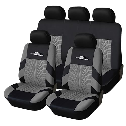 AUTOYOUTH Grey Car Seat Covers Full Set, 3D Tyre Embossed Front Bucket & Split Rear Bench Covers, Airbag Compatible, Quick Setup Universal Fit for Car, SUV, Seat Protectors (9pcs) - color: Gray, size: Full Set (9 pieces)