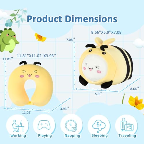 Kids Travel Pillow - 2-in-1 Deformable Kids Neck Pillow for Traveling, Soft U-Shaped Pillow with Adorable Animal Design, Comfy Sleep and Play, Ideal for Airplane Traveling - Yellow Bee - size: Yellow Bee