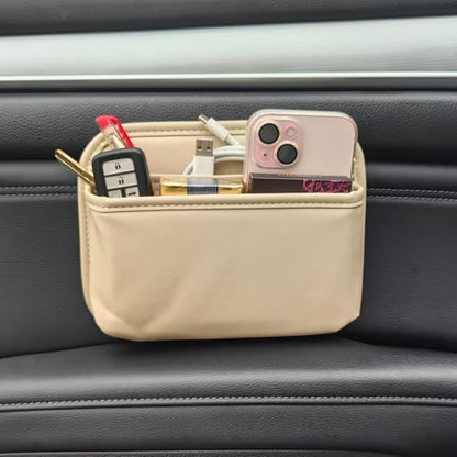Driver's Car Storage Bag, Small Car Side Pocket Organizer for Car Seats, Doors and Consoles, PU Leather (Beige)