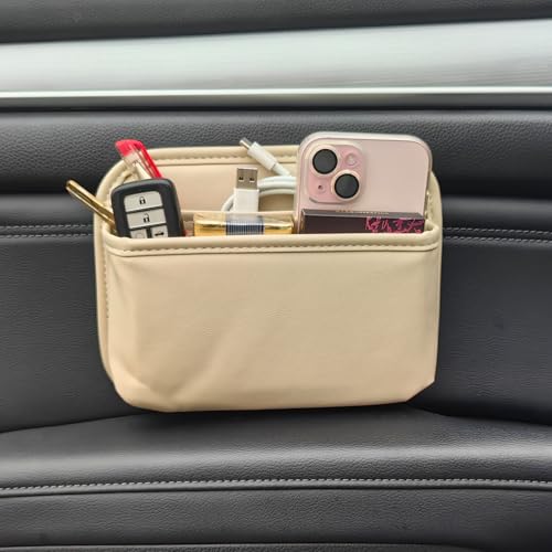 Driver's Car Storage Bag, Small Car Side Pocket Organizer for Car Seats, Doors and Consoles, PU Leather (Beige)