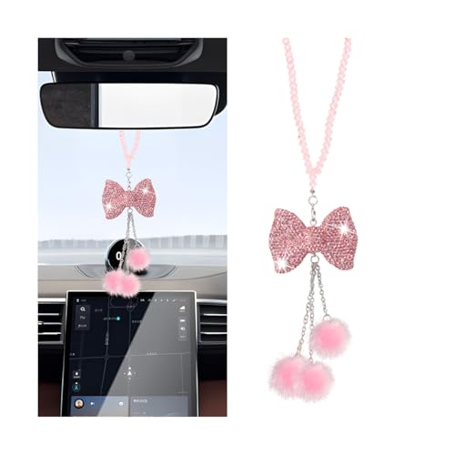 Bling Car Rear View Mirror Hanging Accessories, Crystal Rhinestone Bowknot Vehicle Rearview Charms, Diamond Plush Ball Automotive Interior Ornament Pendant, Universal Fit (Pink) - color: Pink