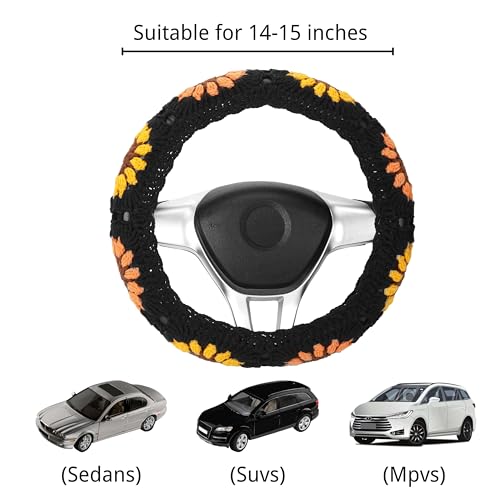 Crochet Steering Wheel Cover Set,Cute Steering Wheel Cover Boho 14-15 in,Handmade Black Sunflower Granny Square Pattern Car Decor for Women,Hippie Car Accessories (A Wheel Cover)