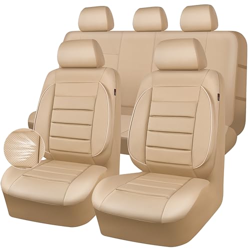 CAR PASS Leather Seat Covers Full Set Universal Water Resistant 3D Foam Back Support, Luxury Comfort Automotive 5 Seat Covers All Season Fit for SUV,Sedan,Van, Airbag Compatible Elegance (Beige) - color: All Beige